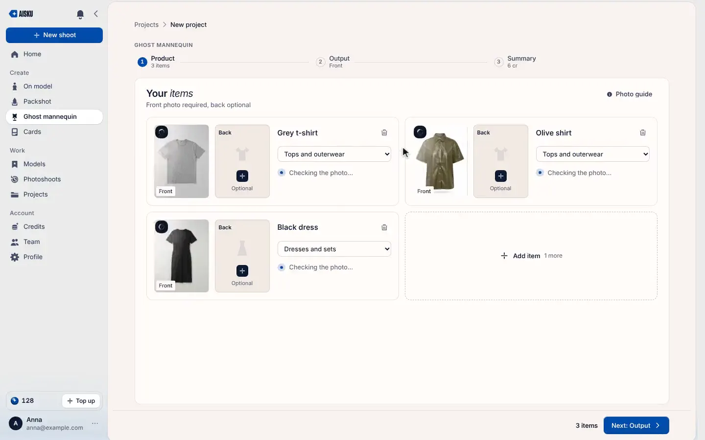 Ghost mannequin: upload the garment, pick the view and backdrop, get clean shots with no model or mannequin.