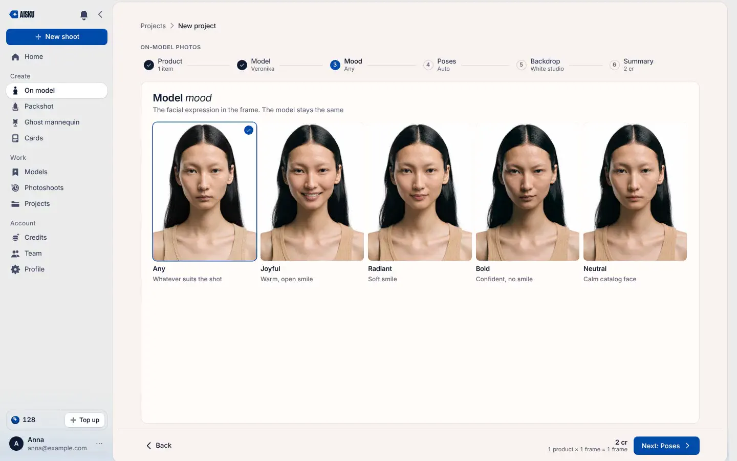 One model, different moods: from calm to joyful, the face stays the same.
