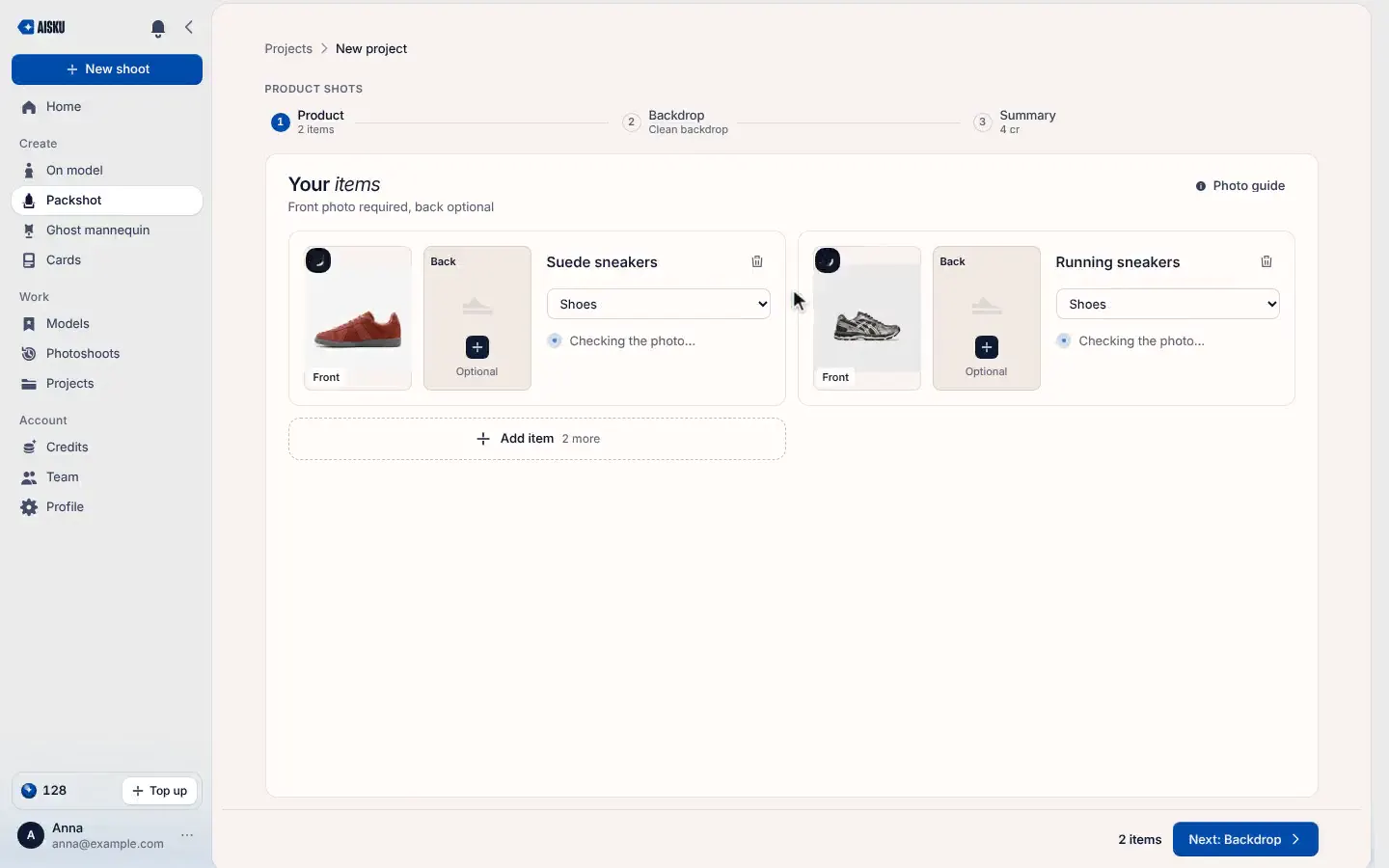 Product stills: upload the product, pick a backdrop or scene, get studio shots with no people.