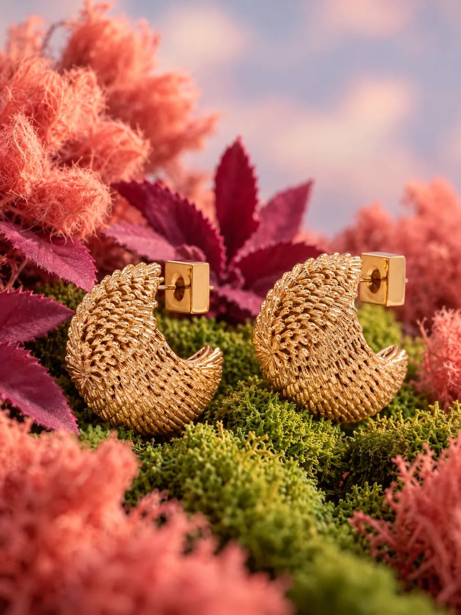 Gold earrings on moss, product still