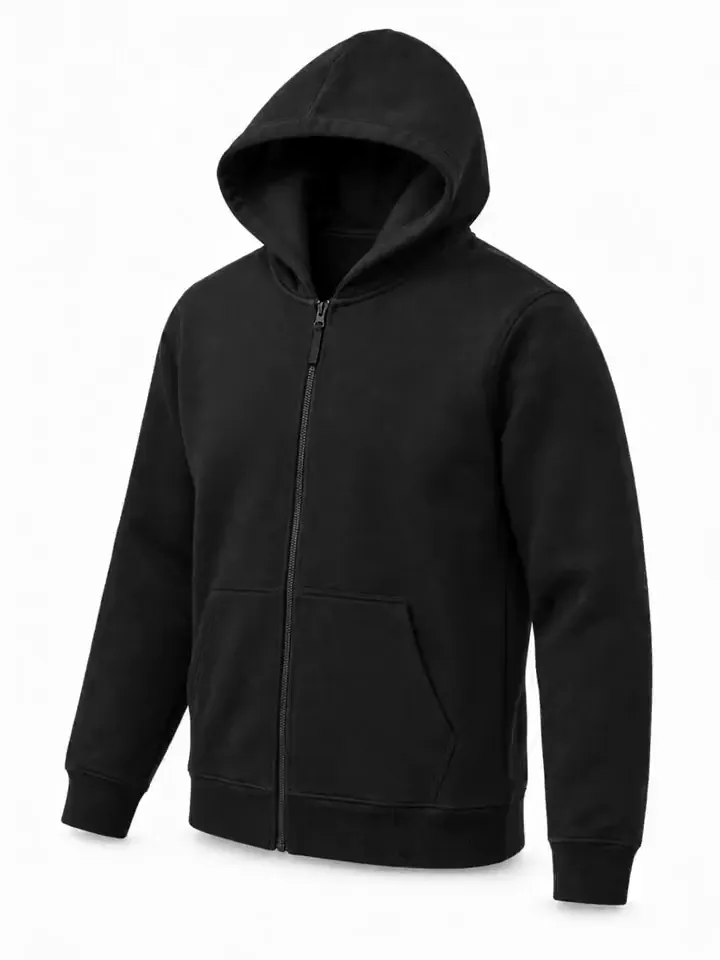Black hoodie on a ghost mannequin, turning, zipper close-up